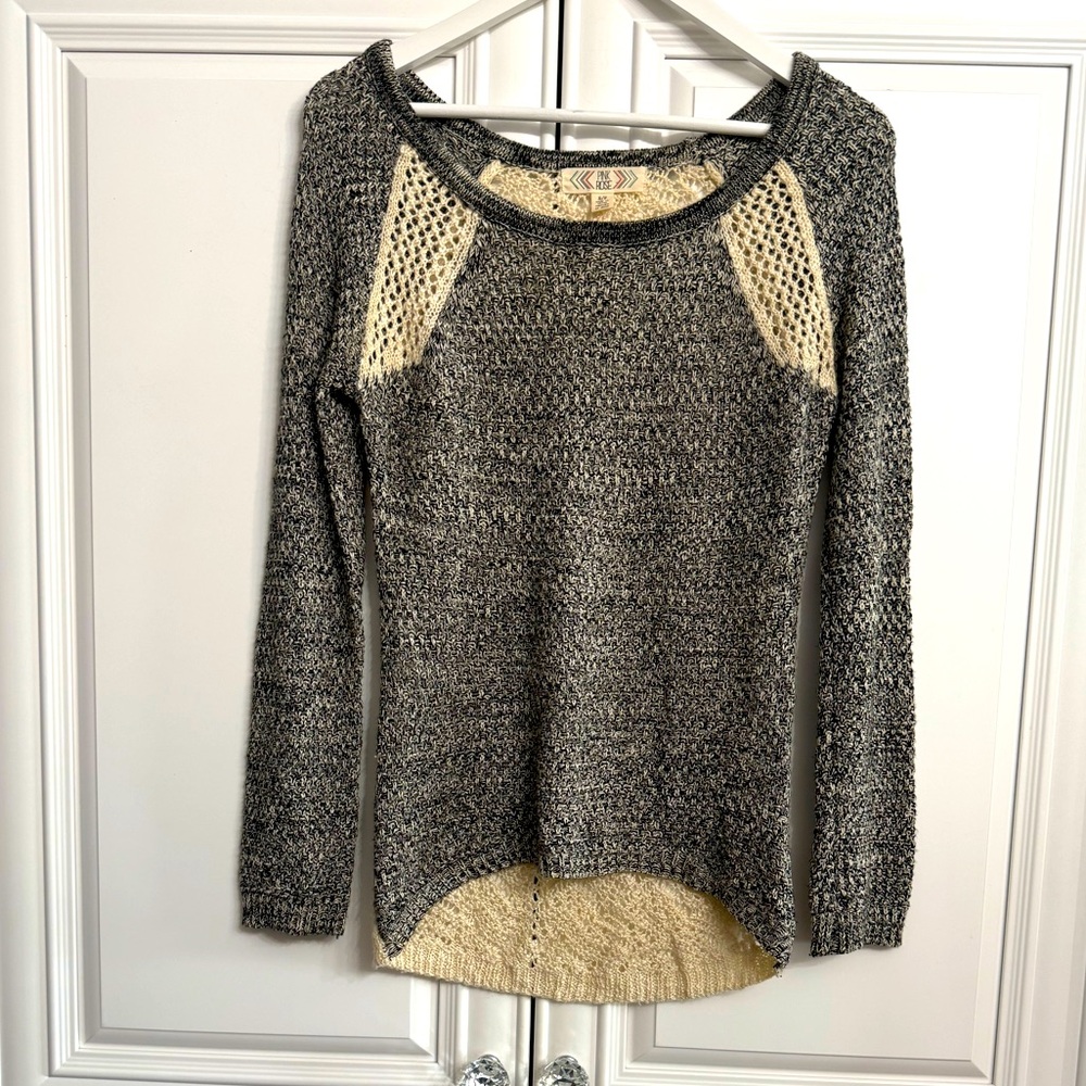 Pink Rose Size Small Scoop Neck Grey Front/Sleeves Cream Crochet Back Sweater